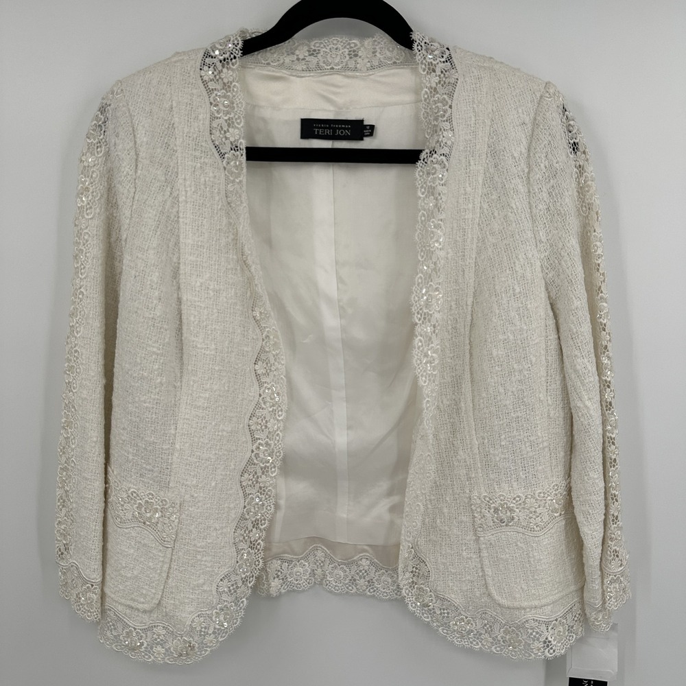 Teri Jon Jacket Womens 12 Cream Lace Sequin Trim Open Front Tweed Blazer Elegant